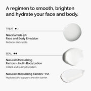 Target darkpspots and texture with Niacinamide 5% Face and Body Emulsion, followed by Natural Moisturizing Factors + HA for face and Natural Moisturizing Factors + Inulin Body Lotion for your body